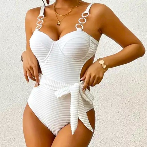 White Ribbed Push Up Cut Out Swimsuit - Picture 3 of 15